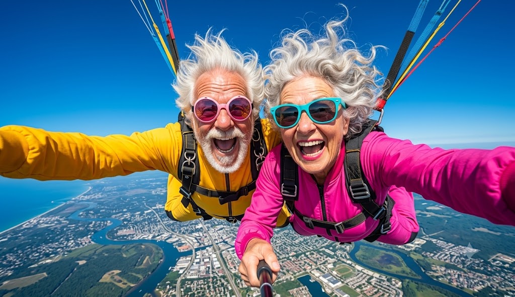 Couple de retraités souriants en saut en parachute
