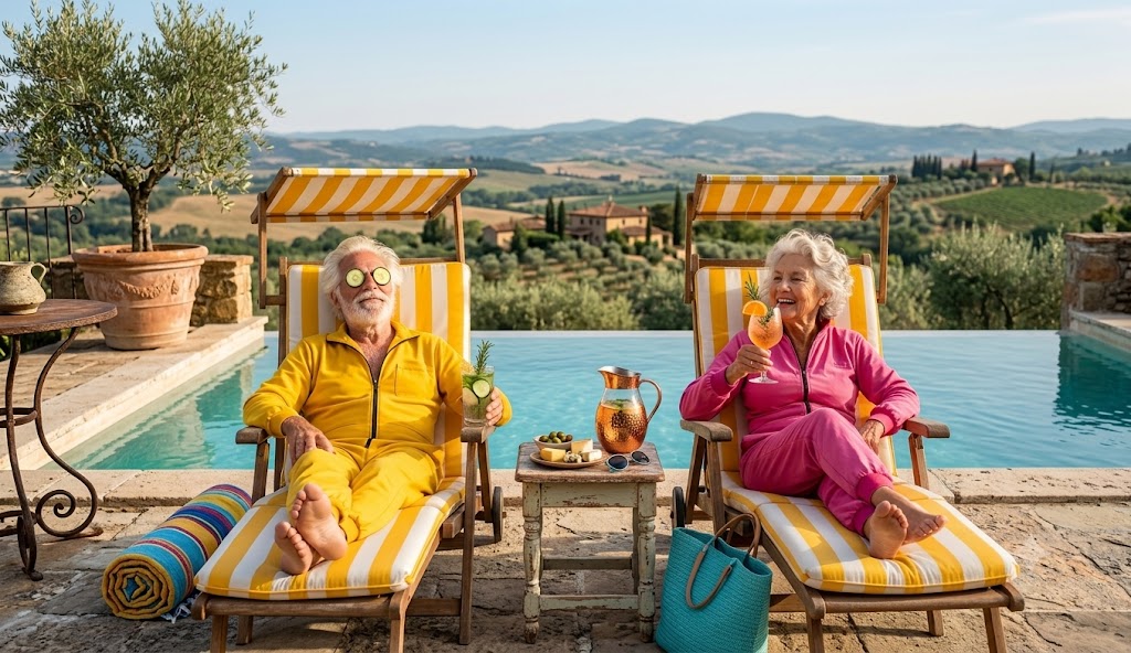 Couple de retraités détendus au bord d'une piscine
